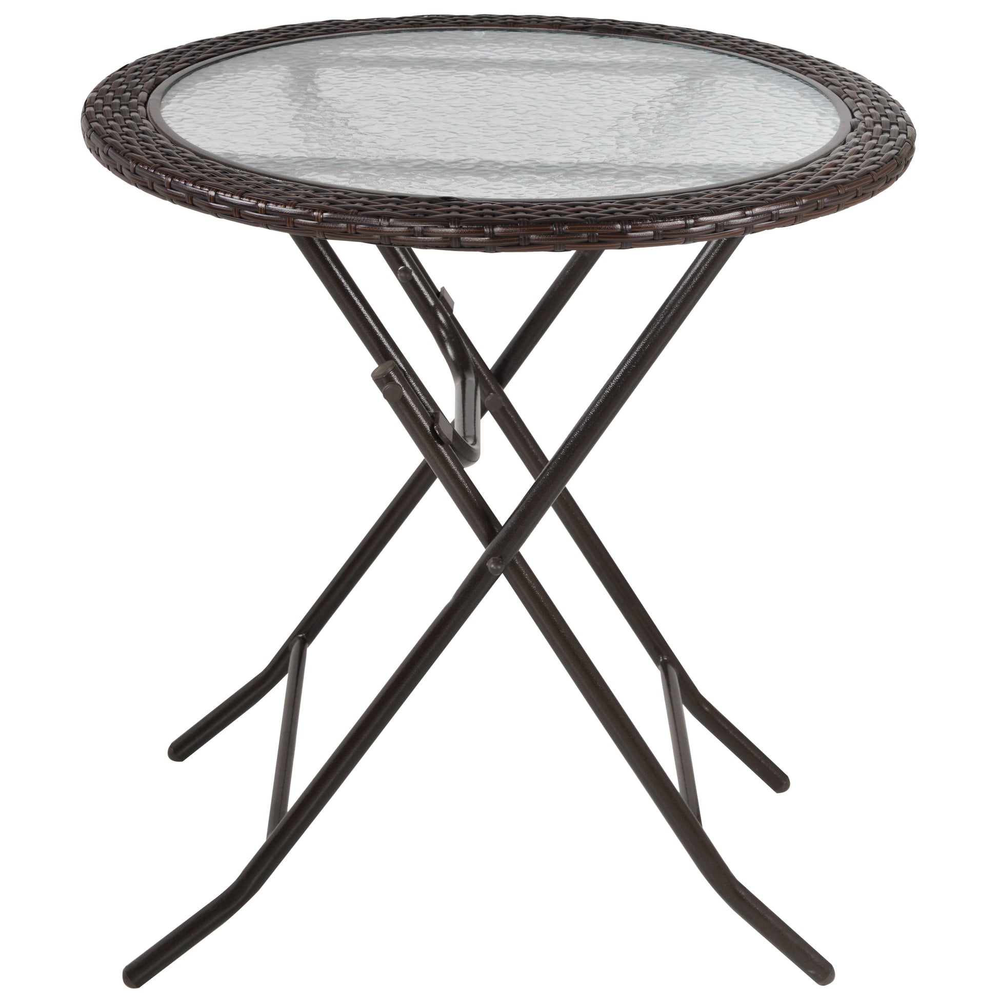 Outsunny Folding Rattan Garden Dining Table, 68 cm Round Rattan Garden Table with Water Ripple Tempered Glass Top, Wicker Edging  and Steel Frame for Outdoor, Patio, Brown