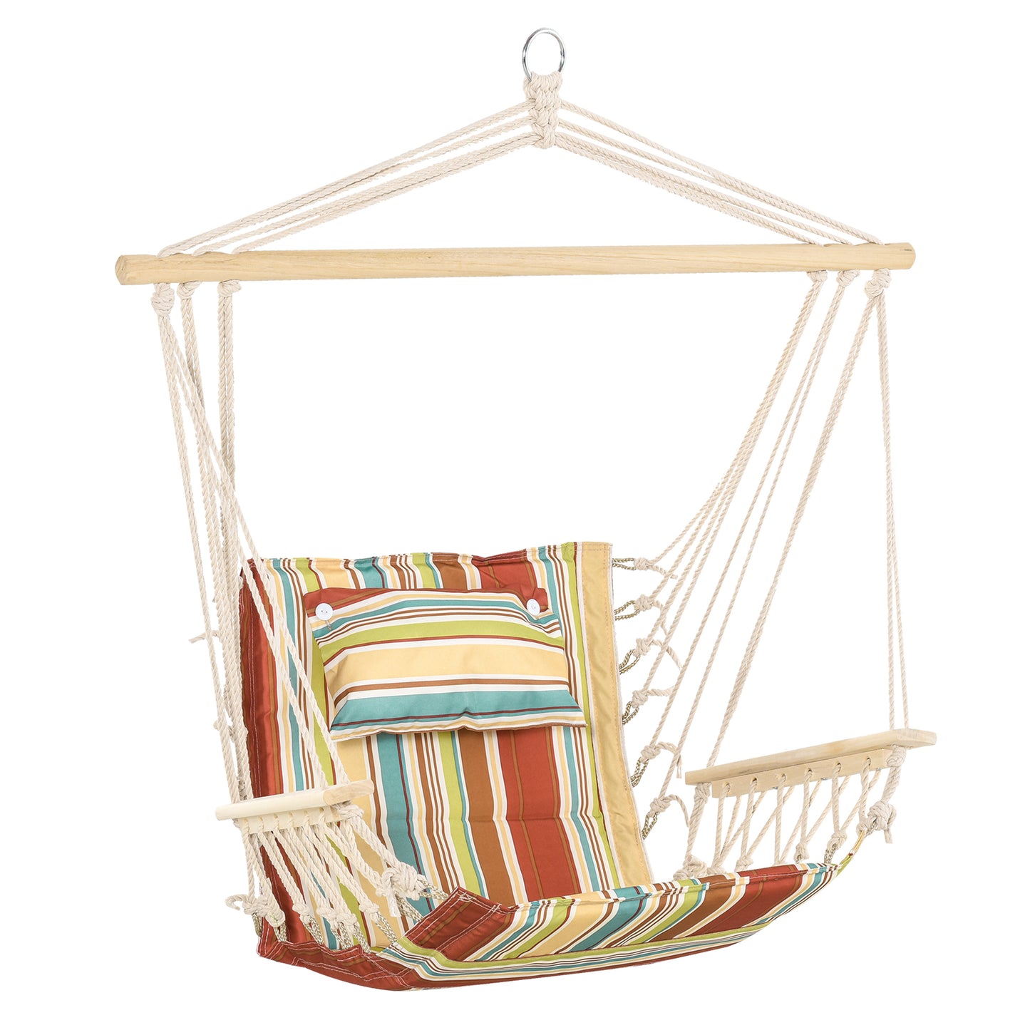 Outsunny Garden Outdoor Hanging Hammock Chair Thick Rope Frame Wooden Arms Safe Wide Seat Garden Outdoor Spot Stylish Multi-Color Stripe