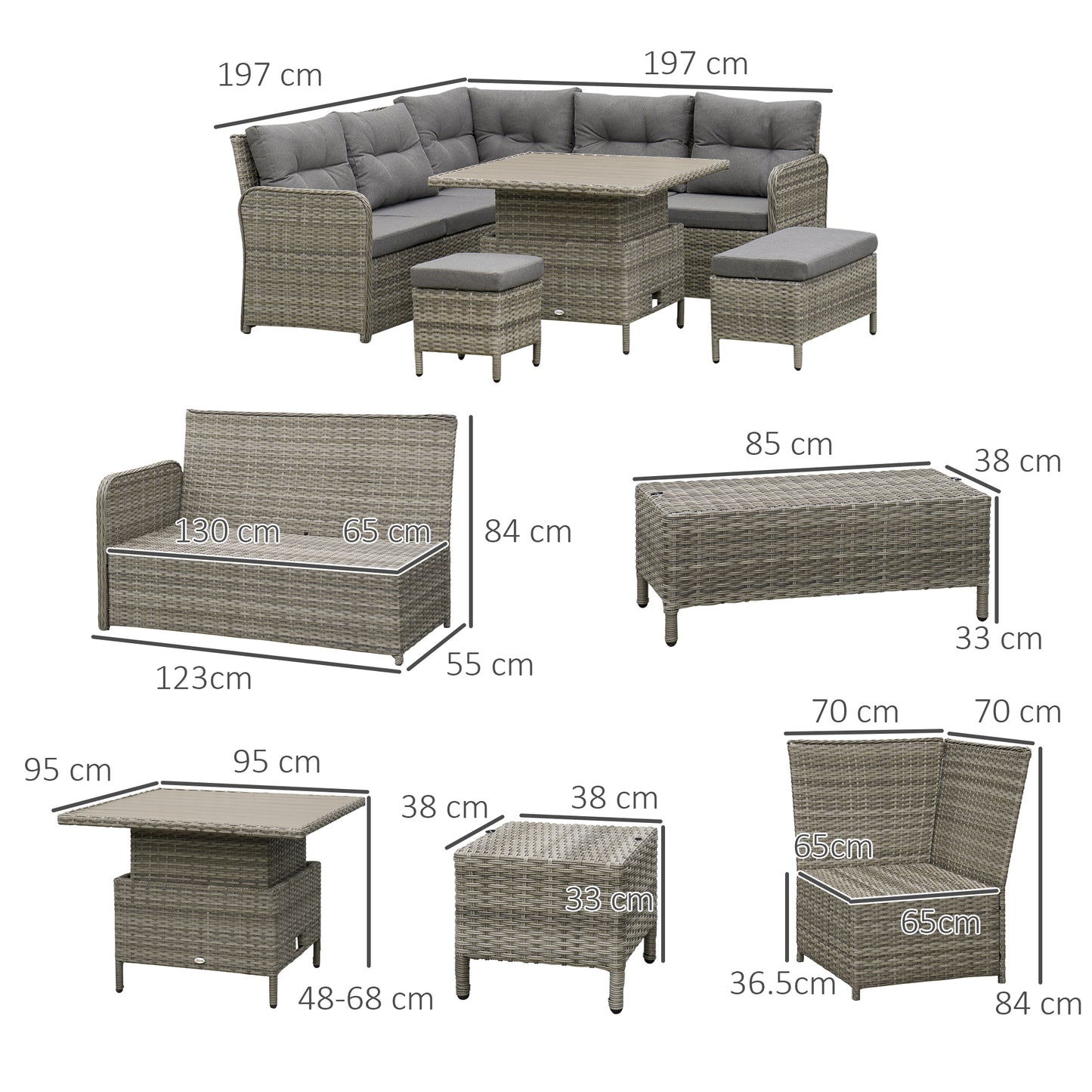 Outsunny 7 Seater Rattan Garden Furniture Set, 6 Piece Patio Dining Set with Liftable Coffee Table and Soft Padded Cushion, Wicker Sectional Conversation Corner Sofa, 123 x 55 x 84 cm, Grey