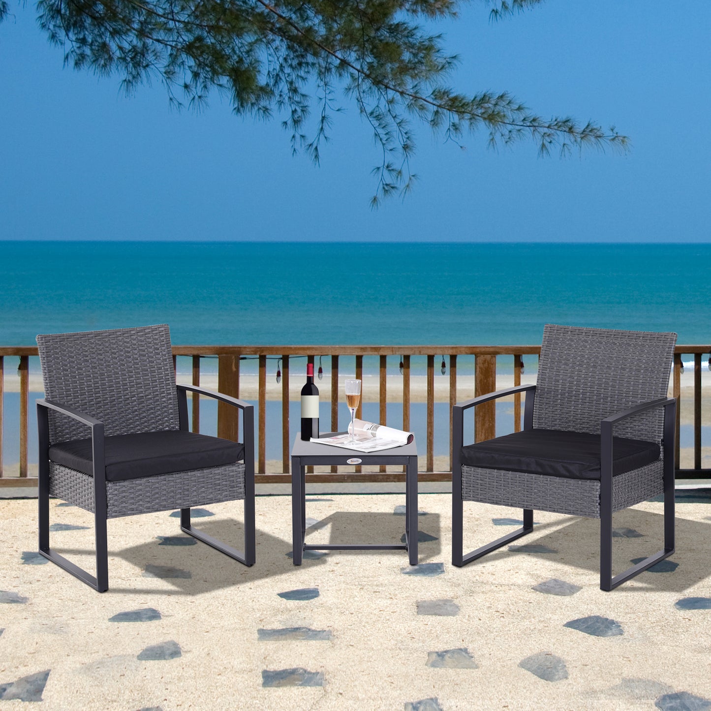 Portofino 2 Seater Rattan Patio Set W/ Cushions-Grey/Black