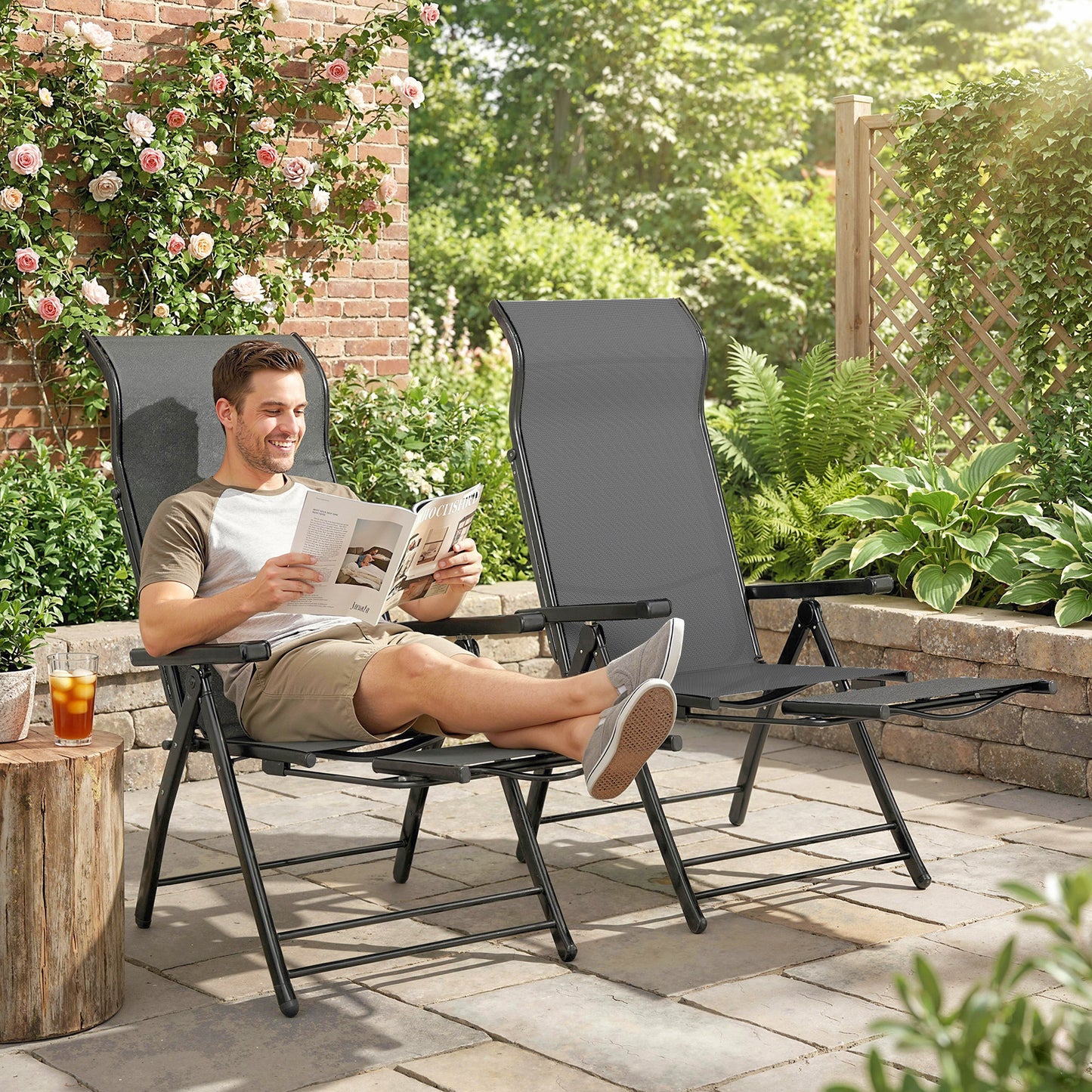 Riviera Reclining Garden Chairs Set of 2 with High Back, Retractable Footrest, Dark Grey