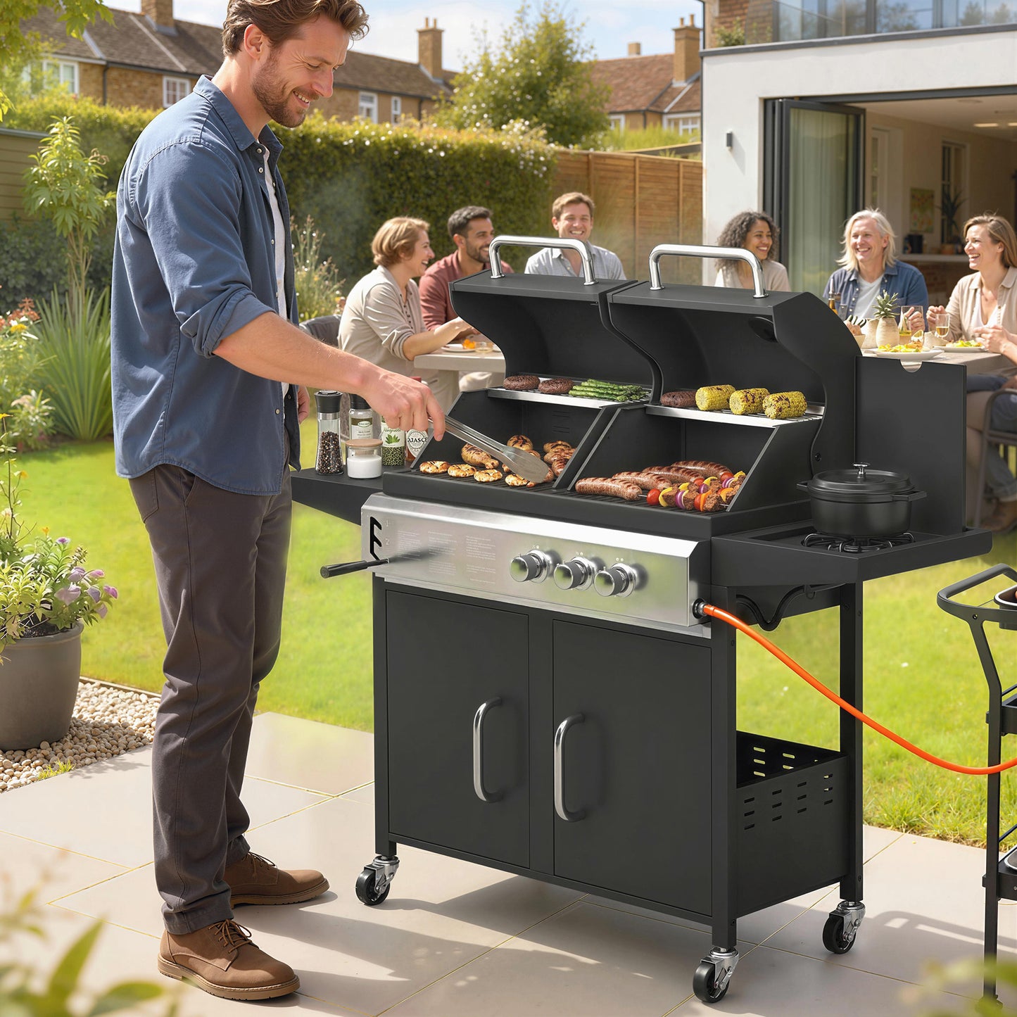 2+1 Burner Hybrid Dual Fuel BBQ Gas Grill, 2-in-1 Propane & Charcoal BBQ Smoker Combo with Wheels