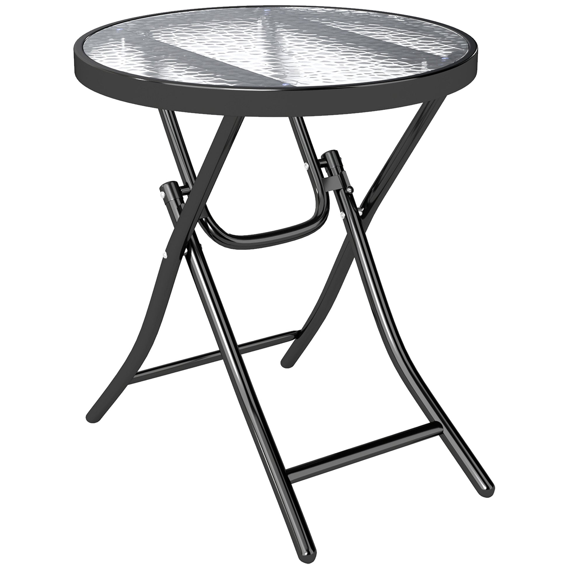 Outsunny Foldable Garden Table, Round Folding Table with Glass Tabletop and Safety Buckle for Patio, Garden, Outdoor, Indoor, Black