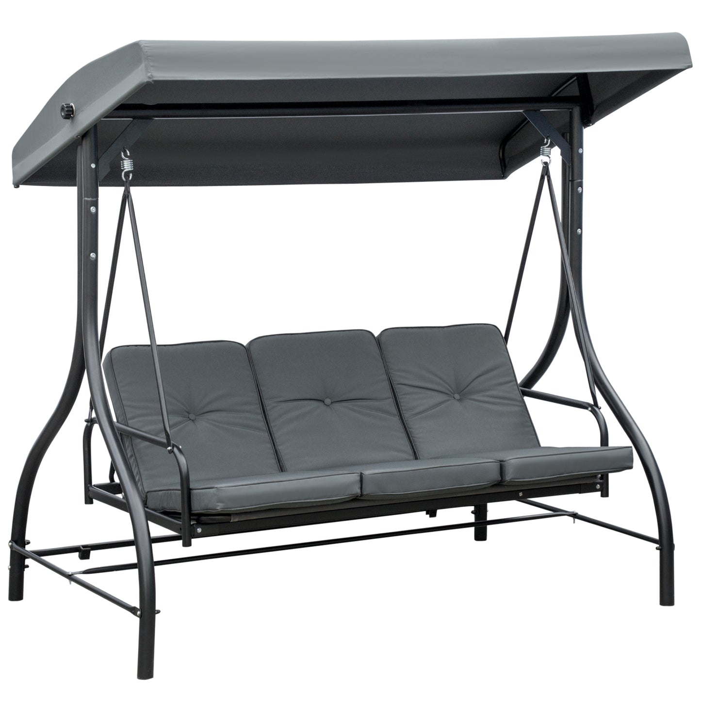 Outsunny 3 Seater Garden Swing Chair, 2 in 1 Convertible Patio Swing Seat Bed with Adjustable Canopy, Cushions and Metal Frame, Outdoor Hammock Bench Chair for Balcony, Terrace, Dark Grey