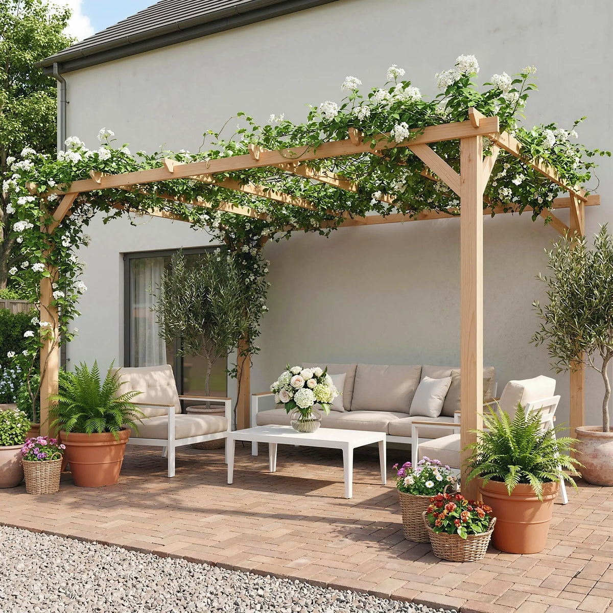 4x3m Wooden Pergola Kit with Triangle Supports – Garden Gazebo Grape Trellis Frame, 6 – Beam Maple Wood – Effect Design