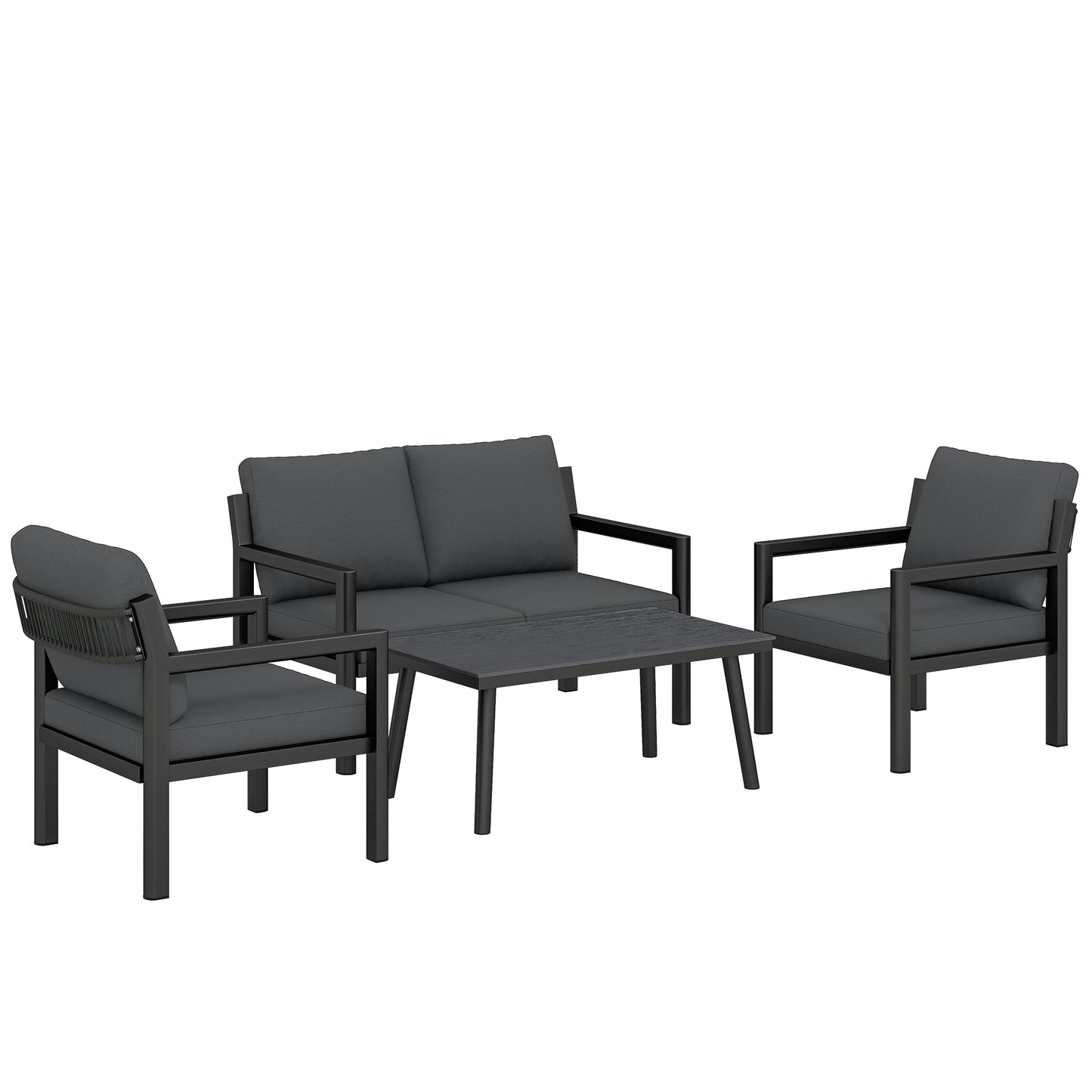 Outsunny 4 Seater Rattan Garden Furniture Set with 2 Armchairs, Loveseat, Coffee Table, Dark Grey