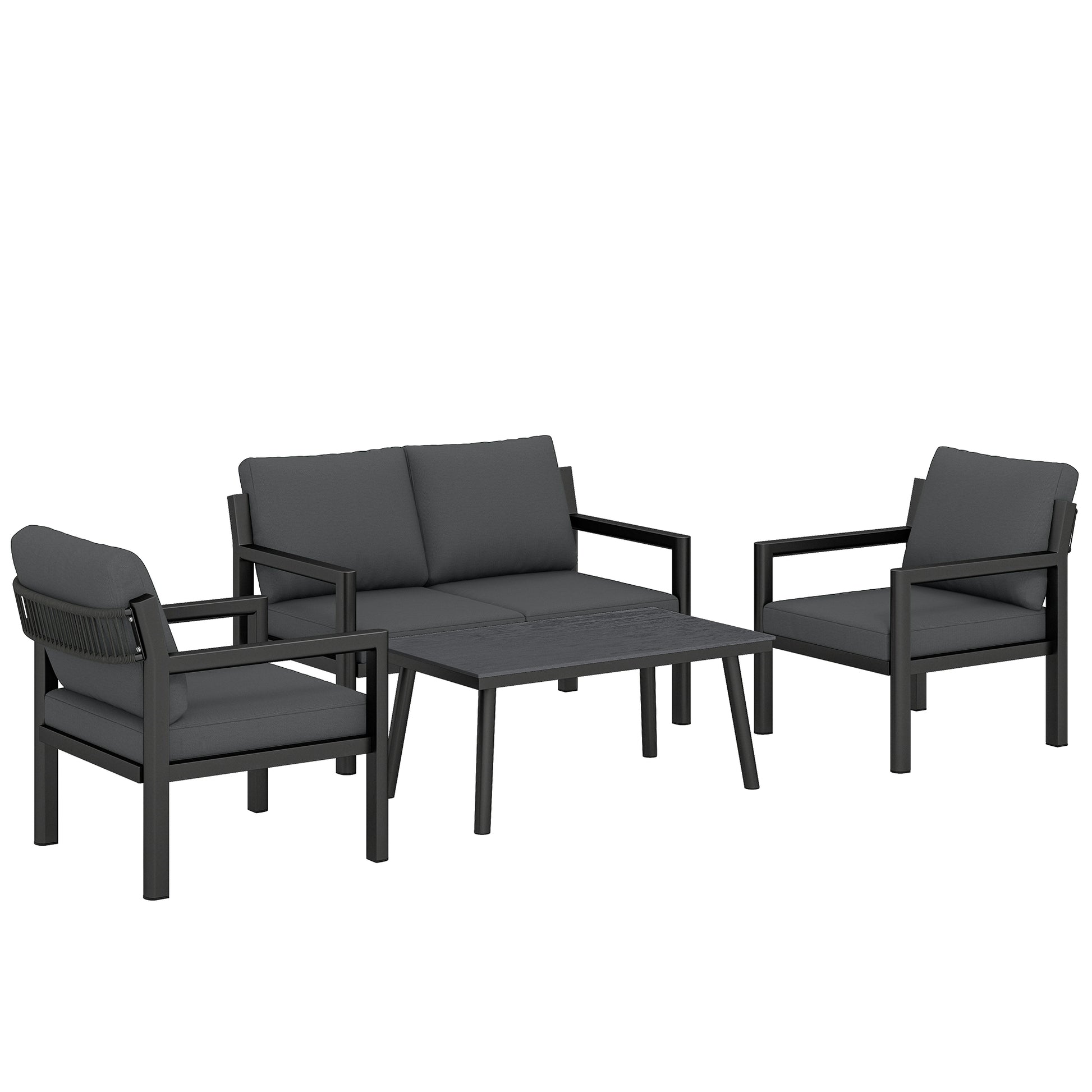Outsunny 4 Seater Rattan Garden Furniture Set with 2 Armchairs, Loveseat, Coffee Table, Dark Grey