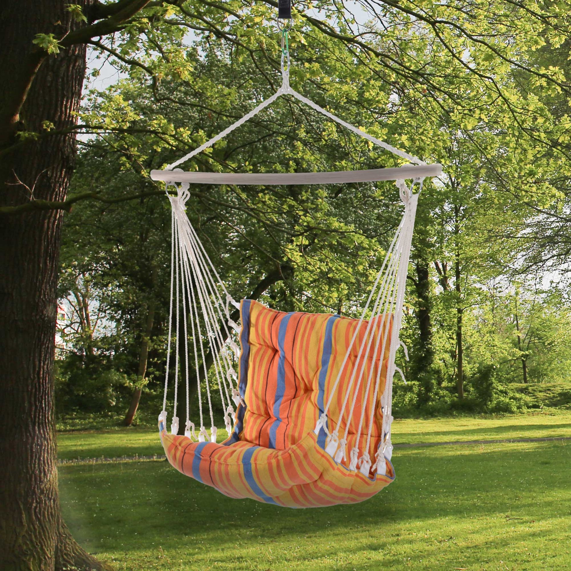 Outdoor Hanging Rope Chair with Soft Padded Seat & Backrest, Garden Hammock Chair with Wooden Support Bar Cotton Cloth, Portable Garden Chair