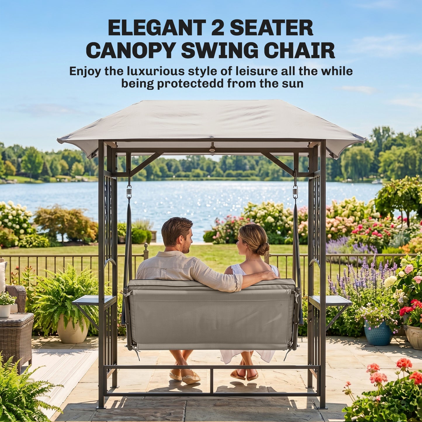 Outsunny Outdoor Garden 2 Seater Canopy Swing Chair Seat Porch Loveseat Vintage Hammock Cushioned Seat w/ Steel Frame and Side Drink Panel, Beige