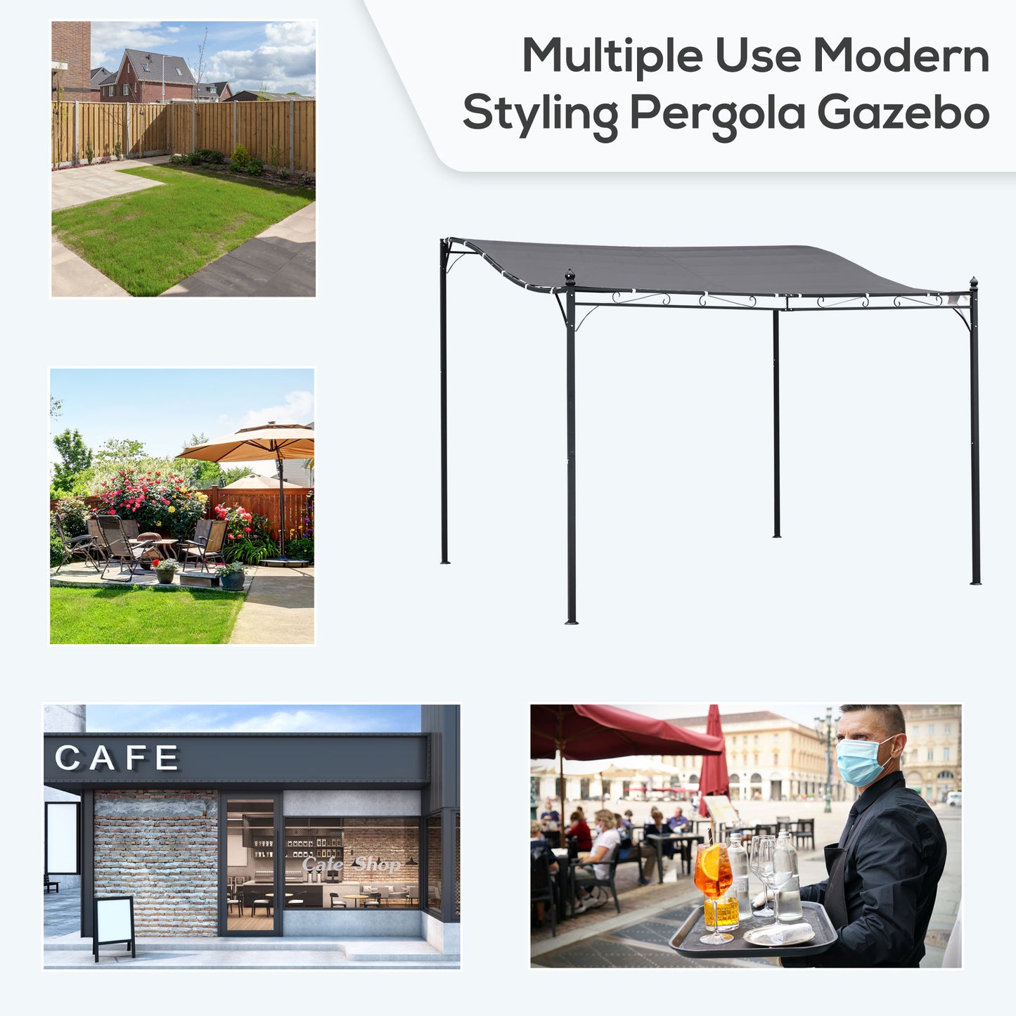 Outsunny 3x3m Metal Pergola with Canopy Garden Awning for Garden Parties, Grey