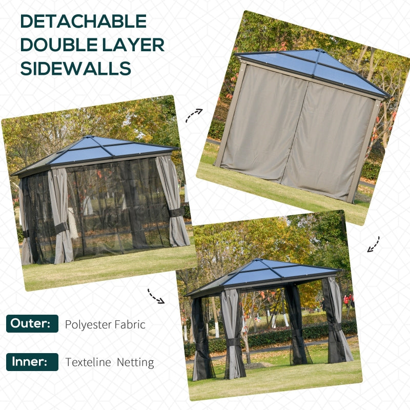 3m x 3m Premium Aluminium Hardtop Gazebo with Polycarbonate Roof, Privacy Curtains & Insect Netting – Dark Grey Garden Pavilion
