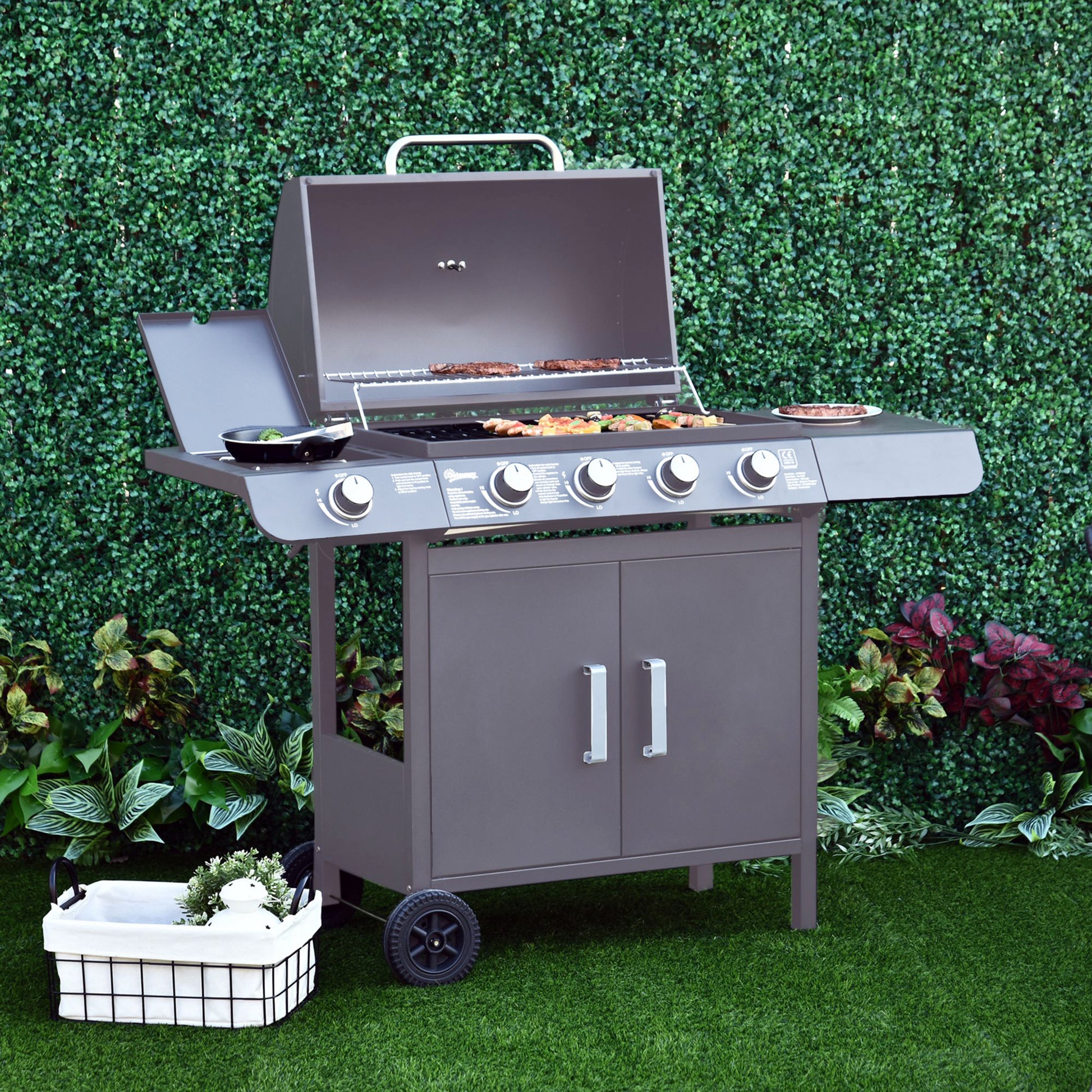 4+1 Burner Gas BBQ, Outdoor Barbecue Trolley with Wheels, Warming Rack, Side Shelves, Cabinet, Thermometer for Garden, Party, Camping, 125L x