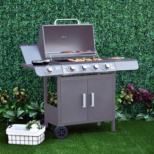 4+1 Burner Gas BBQ, Outdoor Barbecue Trolley with Wheels, Warming Rack, Side Shelves, Cabinet, Thermometer for Garden, Party, Camping, 125L x
