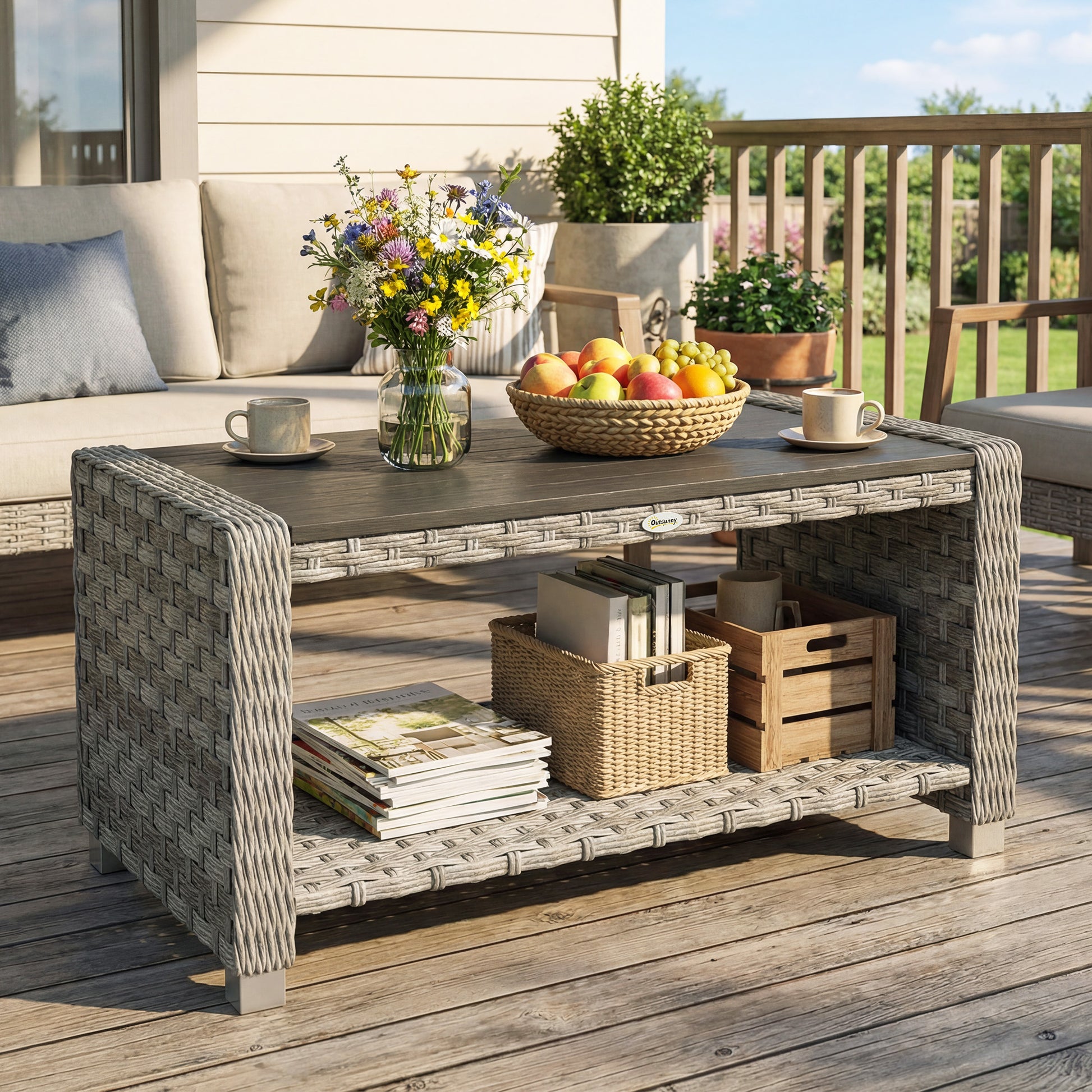 Capri Outdoor Coffee Table with Storage Shelf, PE Rattan Side Table with Slatted Top and Foot Pads, Grey