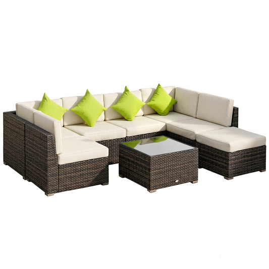 Outsunny 7-Seater PE Rattan Corner Sofa Set, Garden Furniture Set, Patio Wicker Sofa Seater w/ Cushion, Washable Cushion Cover & Tempered Glass Table, Brown