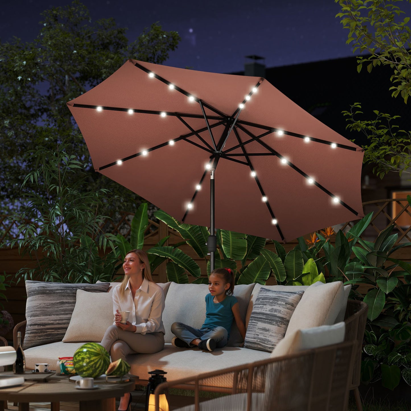 Φ2.7m Garden 24 LED Light Parasol Solar Outdoor Tilt Sun Umbrella Patio Club Party Event Manual Sun Shade