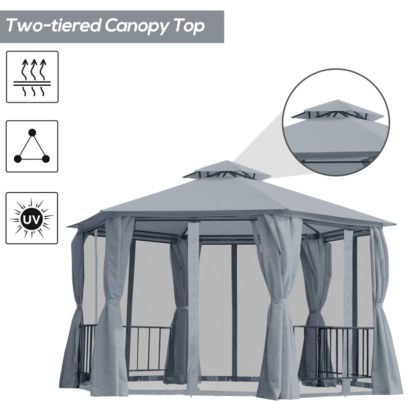 3m x 3m Hexagonal Garden Gazebo with Privacy Curtains & Mesh Insect Screens – Grey Steel Frame Pavilion