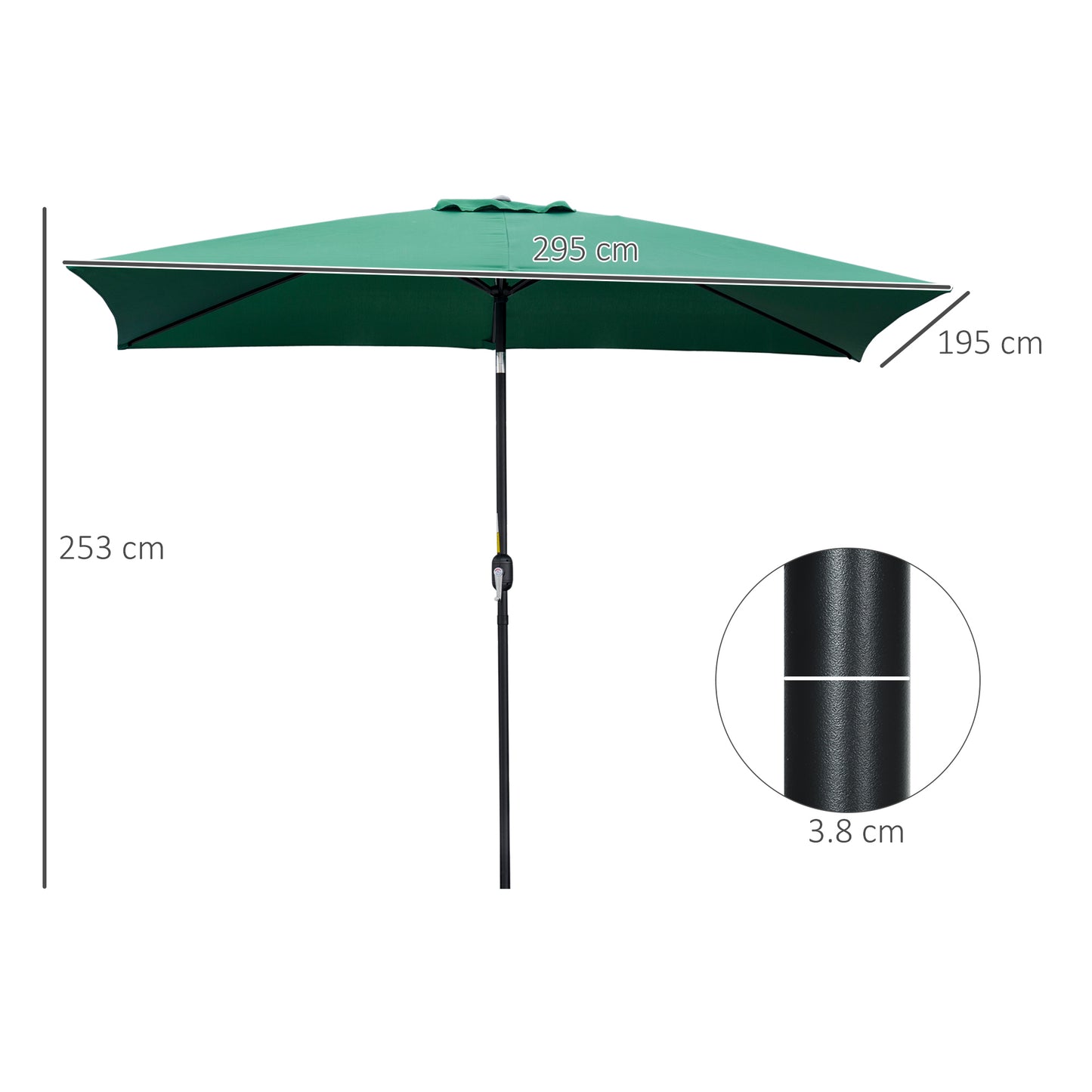Outsunny 3x2m Garden Parasol Umbrella with Aluminium Pole, Tilt and Crank, Rectangular Outdoor Table Parasol Sun Shade for Patio, Green