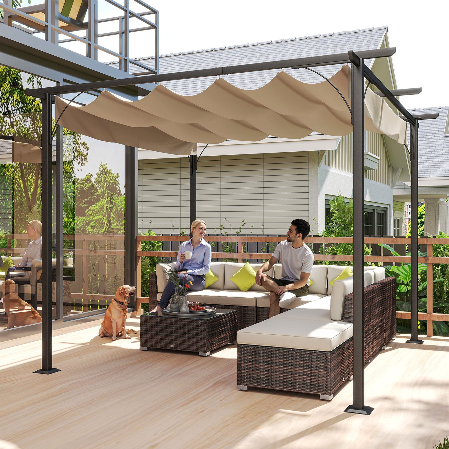 Outsunny 3 x 3(m) Metal Pergola with Retractable Roof, Garden Gazebo Metal Pergola Canopy for Party BBQ, Beige