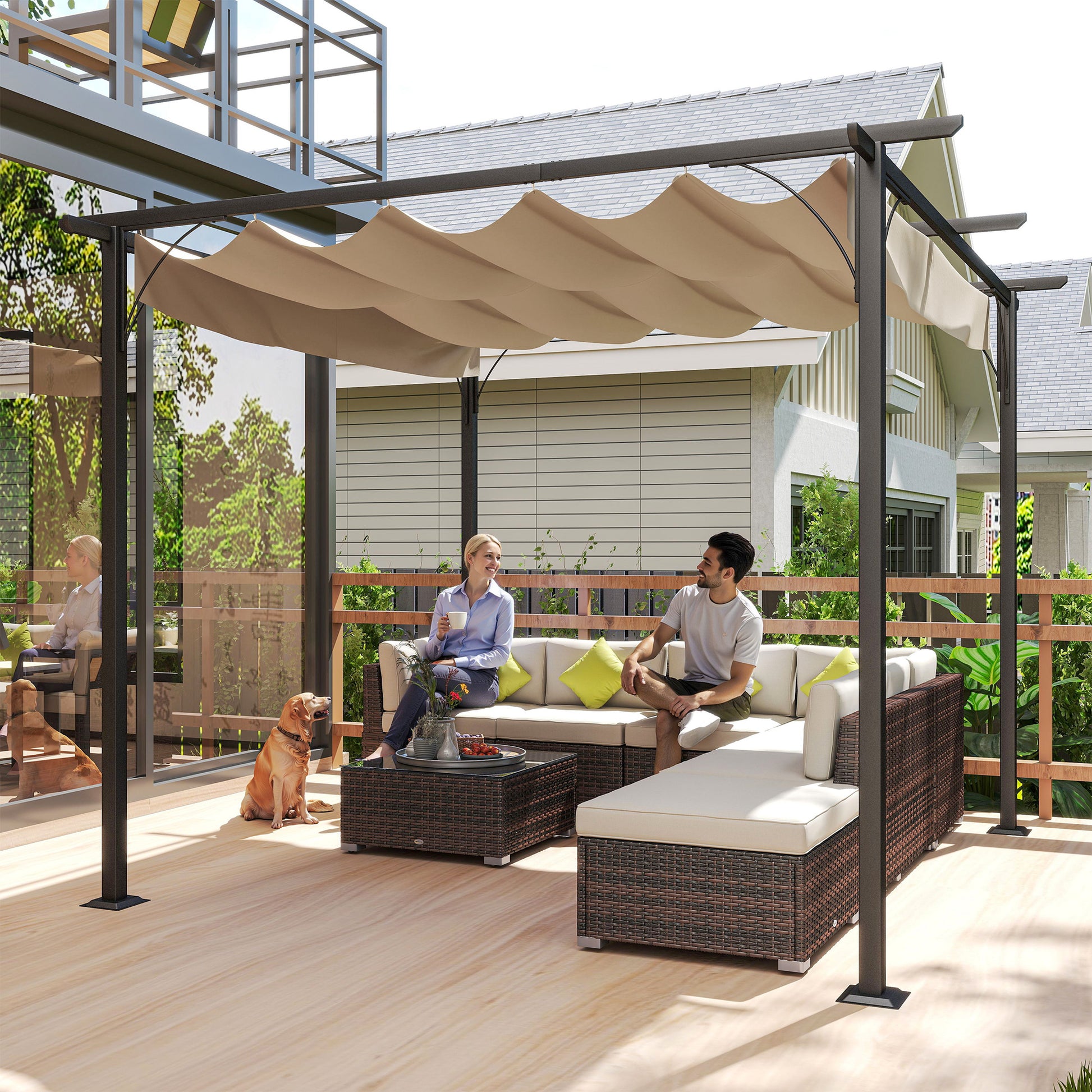 Outsunny 3 x 3(m) Metal Pergola with Retractable Roof, Garden Gazebo Metal Pergola Canopy for Party BBQ, Beige