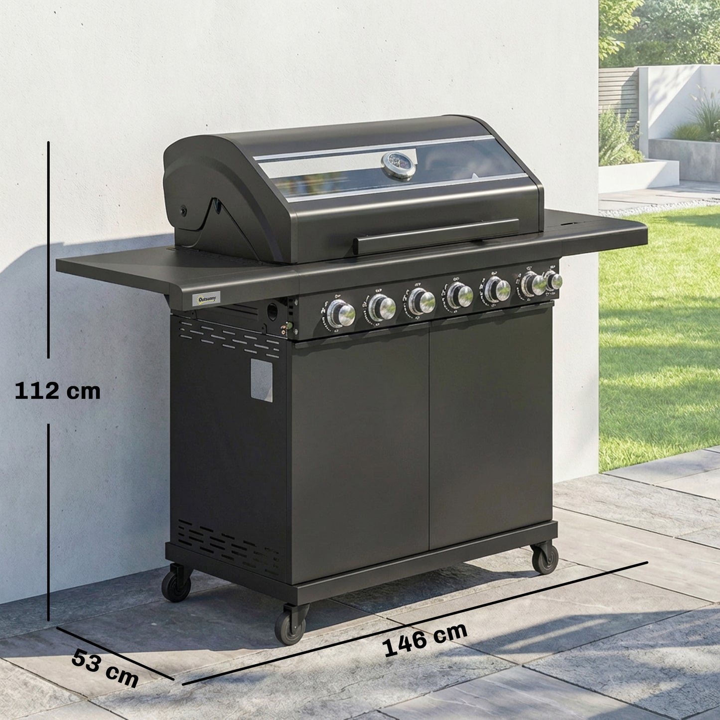 Outsunny 6+1 Burner Gas BBQ Grill, Outdoor Barbecue Trolley with Wheels, Warming Rack, Thermometer, Bottle Opener, Black