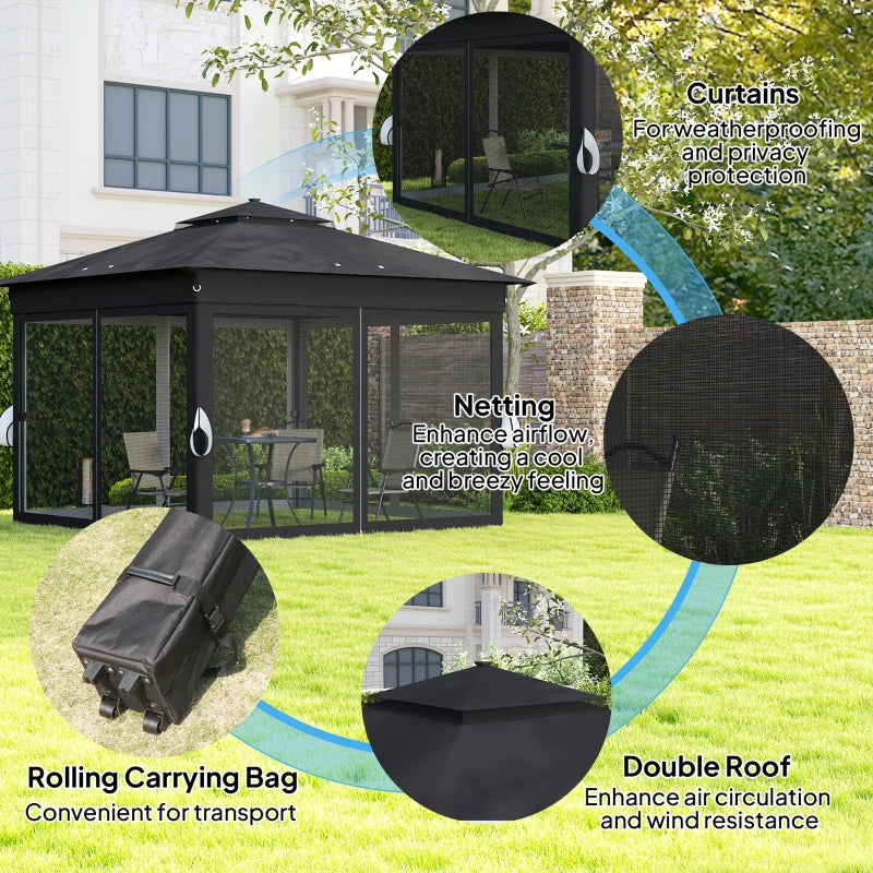 3m x 3m Pop Up Gazebo with Solar LED Lights – Black Outdoor Party Tent with Adjustable Height & Insect Netting