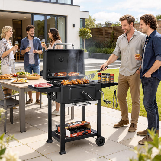 Charcoal BBQ with Adjustable Charcoal Pan, Large BBQ Smoker with Side Tables, Temperature