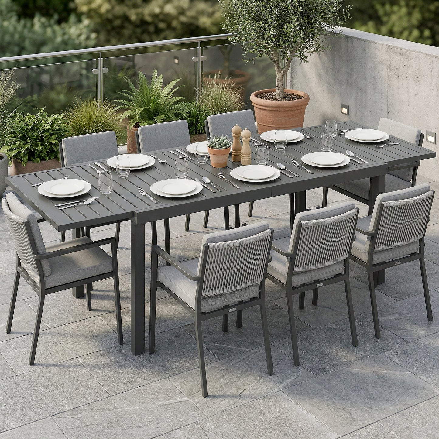 Sorrento Extending Garden Table for 6-8 People, Full Aluminium Garden Dining Table with Slatted Top, Dark Grey