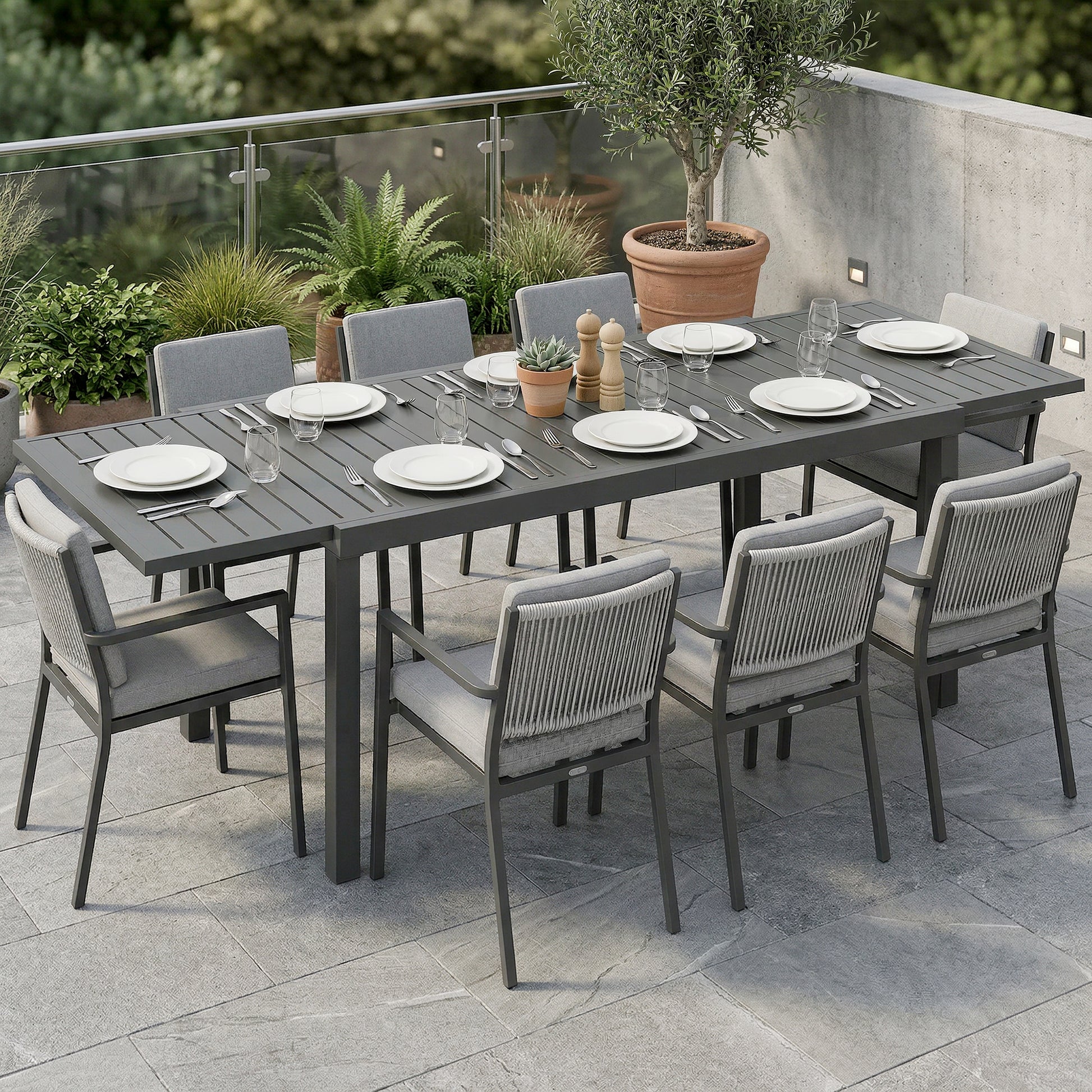 Sorrento Extending Garden Table for 6-8 People, Full Aluminium Garden Dining Table with Slatted Top, Dark Grey