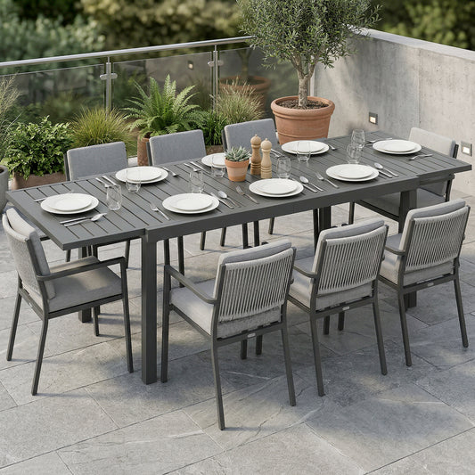 Sorrento Extending Garden Table for 6-8 People, Full Aluminium Garden Dining Table with Slatted Top, Dark Grey