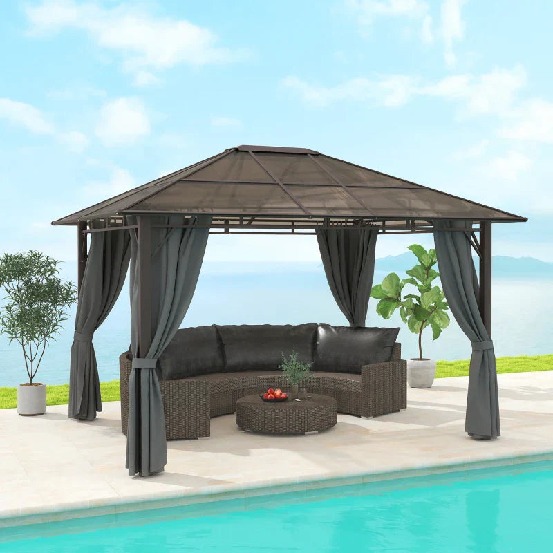 Dark Grey 3m x 3.6m Hardtop Gazebo – Polycarbonate Roof Garden Pavilion with Removable Privacy Curtains