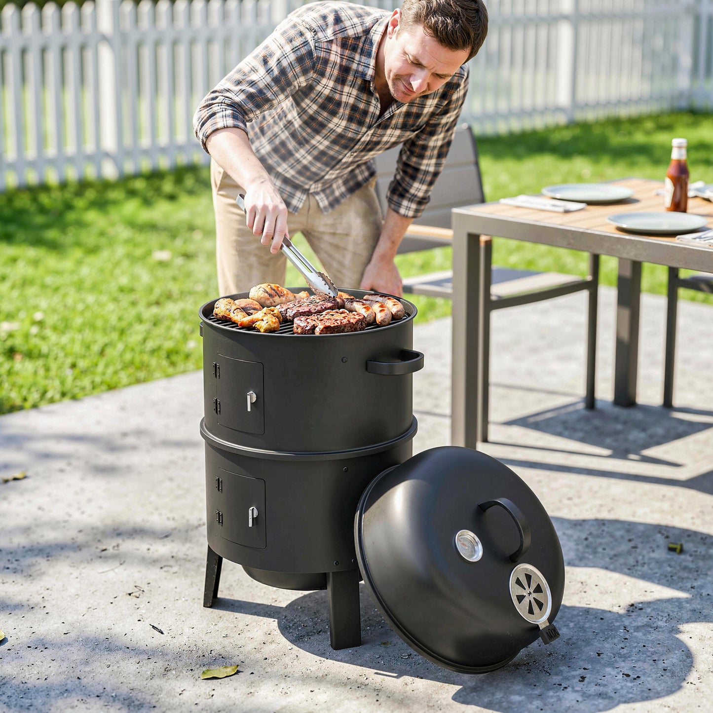 Mediterraneo 3-in-1 Vertical Charcoal Smoker with 2 Grill Grates, Built-in Thermometer, Adjustable Vent, 2 Doors