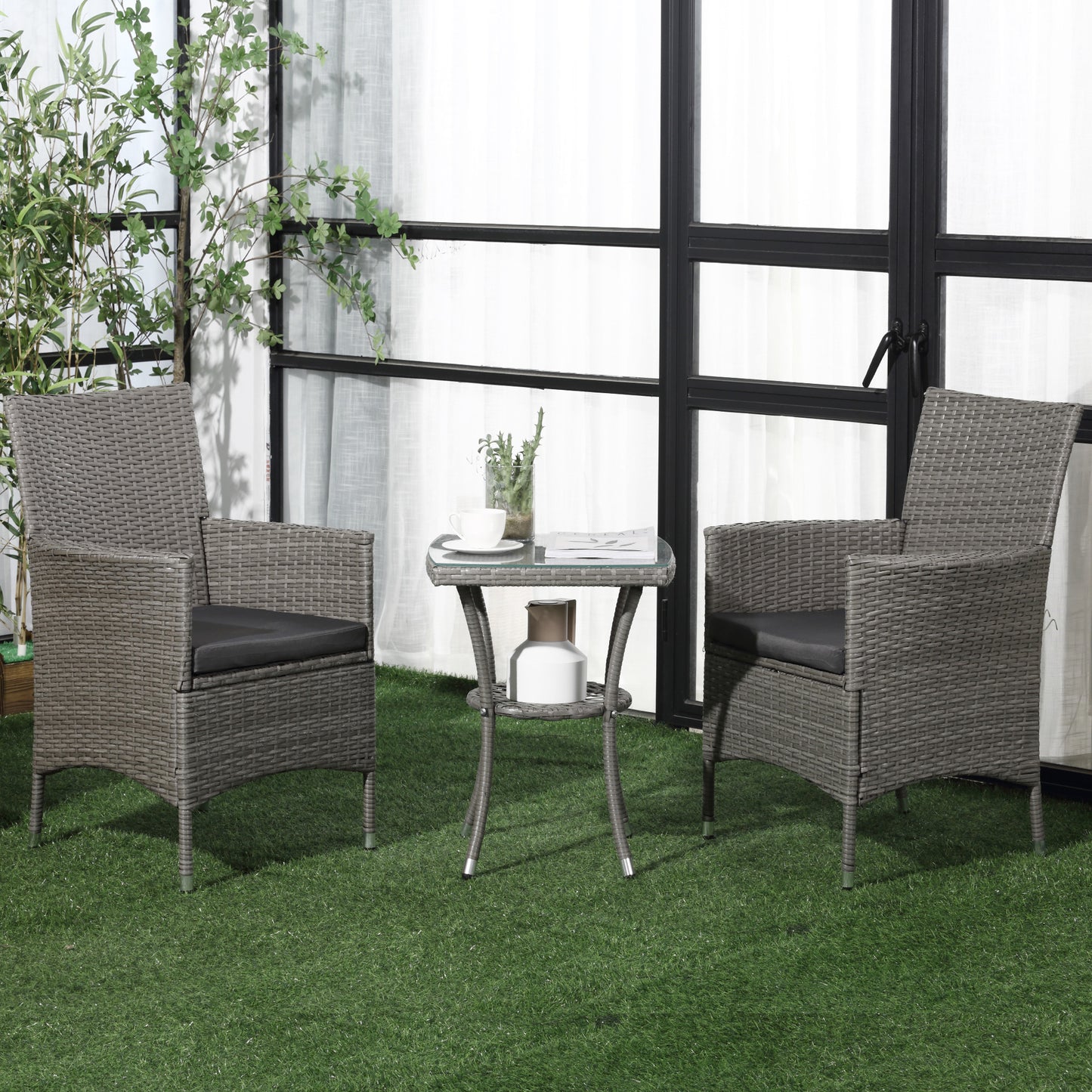 Capri 3 Piece Rattan Bistro Set, Wicker Garden Furniture Set with 2-Tier Coffee Table and Chairs