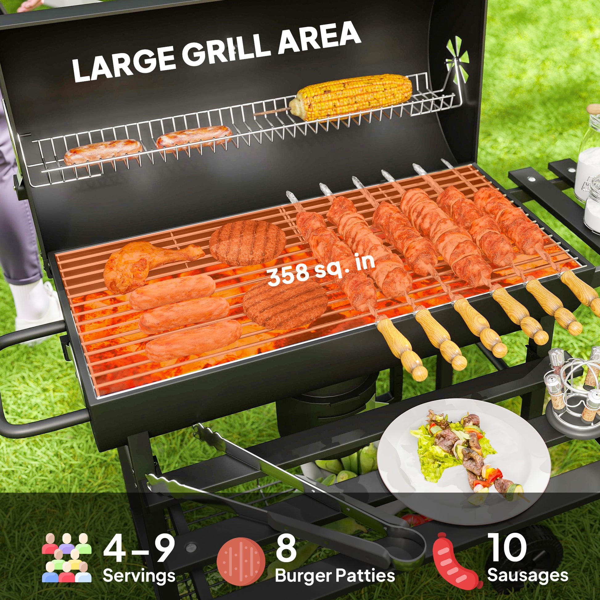 Outsunny Charcoal BBQ Grill with Foldable Front Side Shelf, Portable Barbecue Smoker with Warming Rack, Bottom Shelf, Lid, Temperature Gauge, Wheels for Outdoor Cooking Garden Party, Black