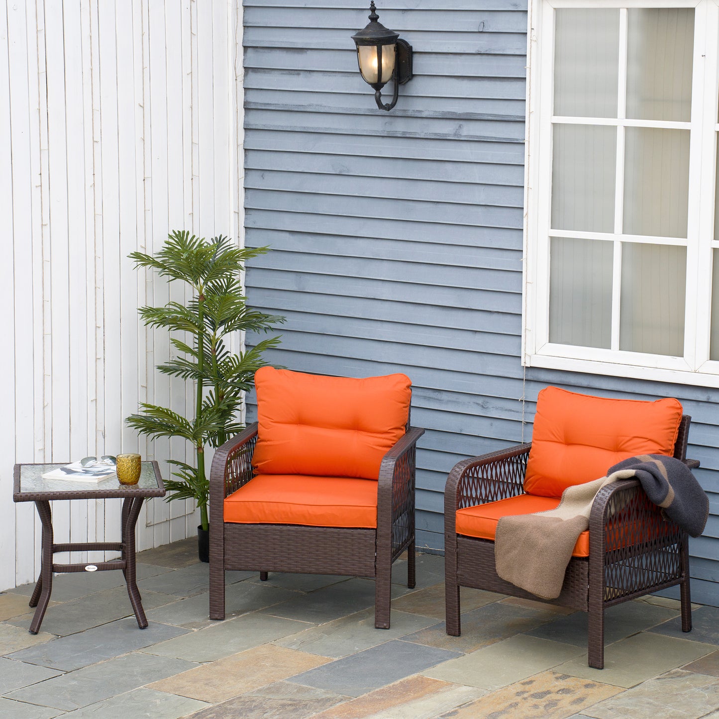 Portofino 3 Piece Rattan Bistro Set with Glass Top Coffee Table, Chairs and Cushions, Patio, Balcony, Orange