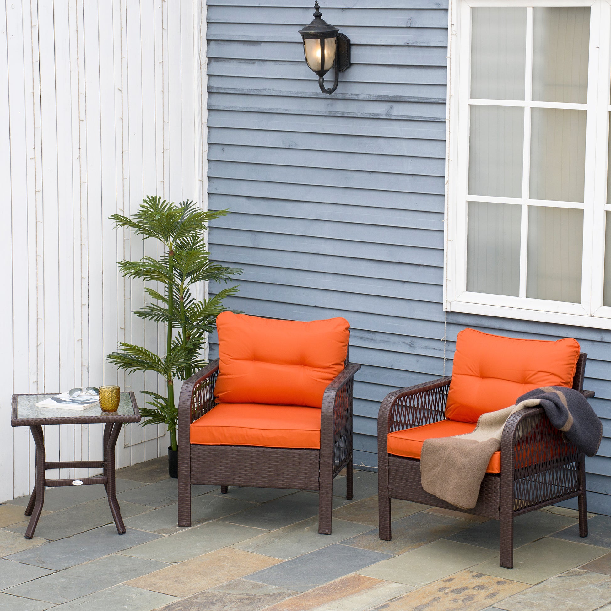 Portofino 3 Piece Rattan Bistro Set with Glass Top Coffee Table, Chairs and Cushions, Patio, Balcony, Orange