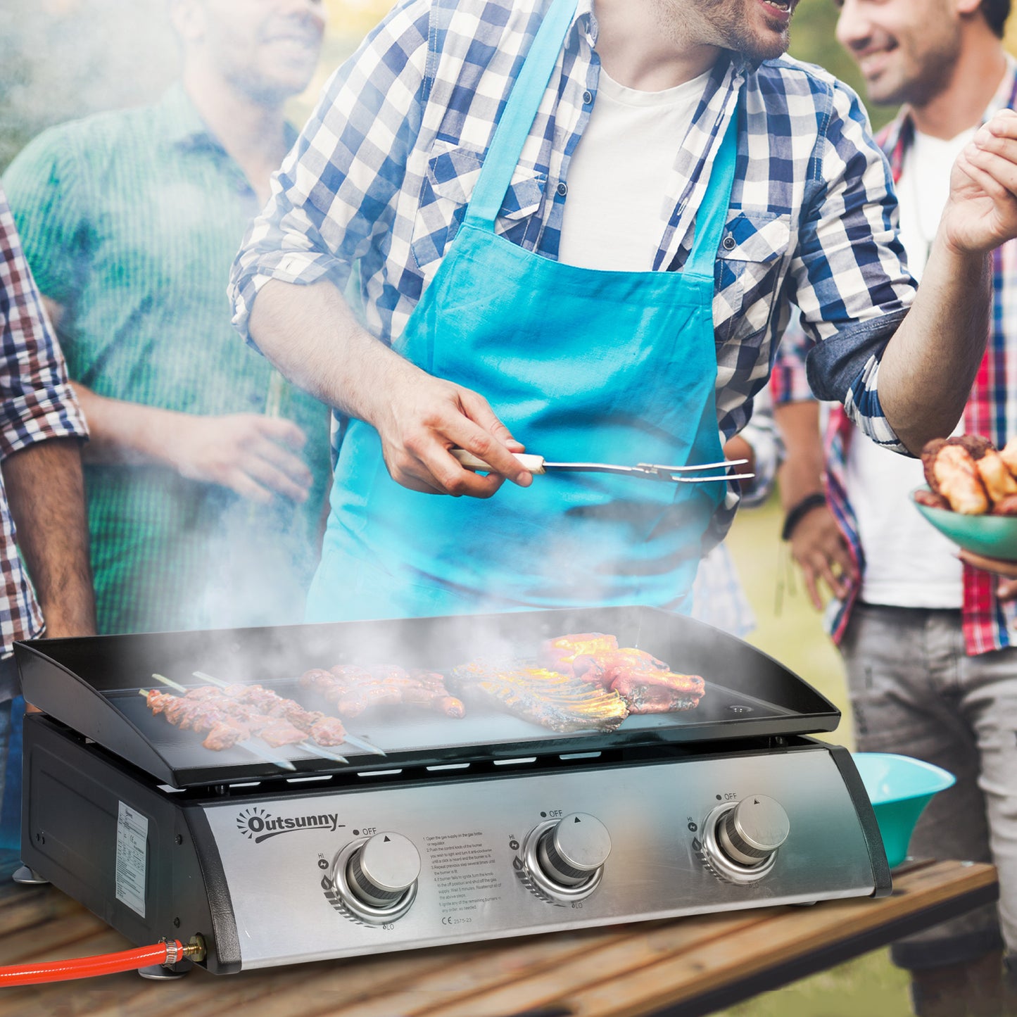 Gas Plancha Barbecue Grill with 3 Stainless Steel Burner, 7.5kW, Portable Tabletop Gas BBQ with Non-Stick Griddle for Camping Picnic Garden