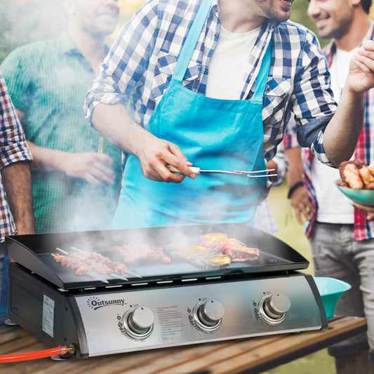Gas Plancha Barbecue Grill with 3 Stainless Steel Burner, 7.5kW, Portable Tabletop Gas BBQ with Non-Stick Griddle for Camping Picnic Garden