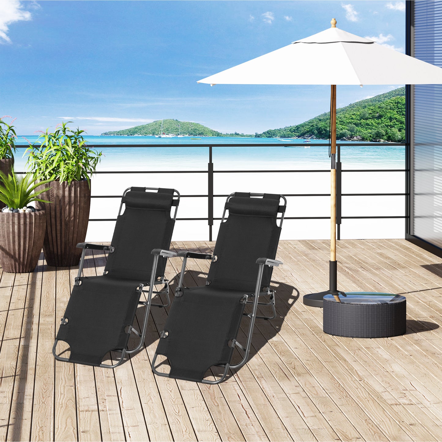 2 in 1 Folding Sun Lounger Reclining Garden Chair Set of 2 with 2-Level Adjustable Backrest, Outdoor Zero Gravity Recliner Garden Chairs with