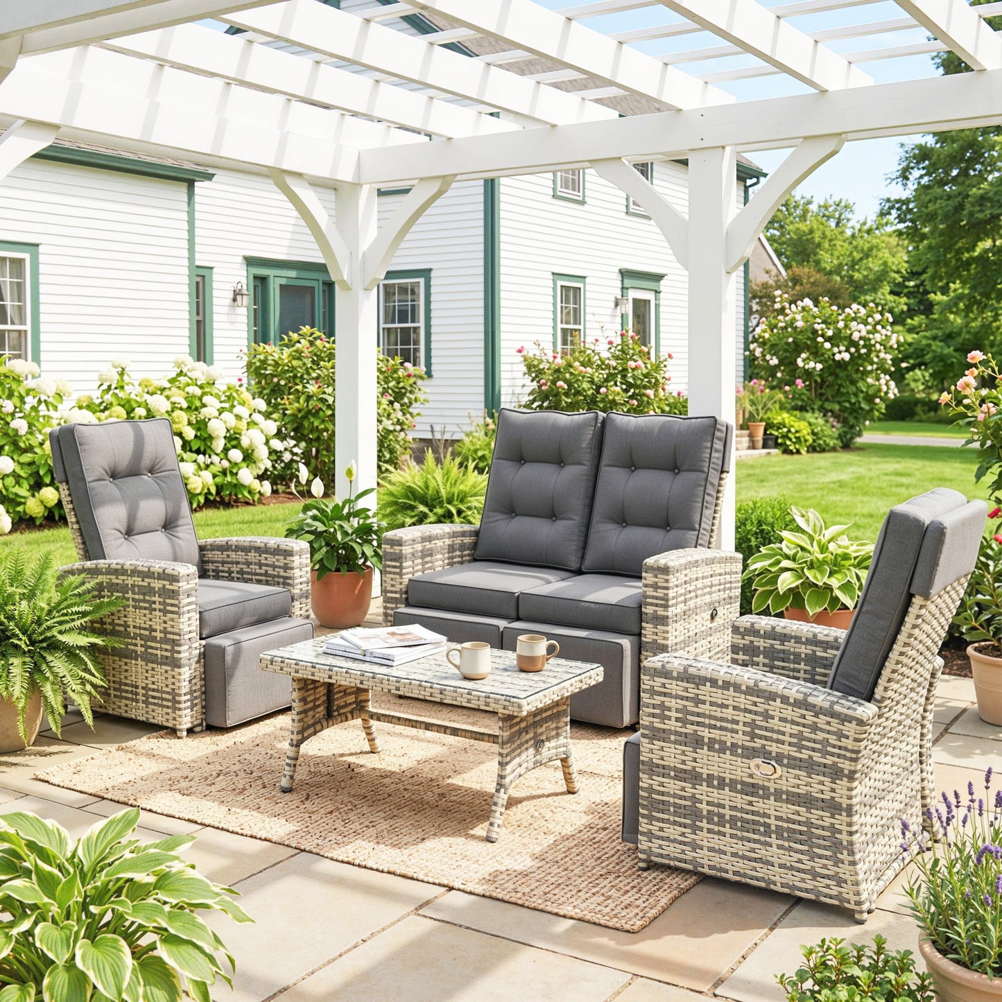 Outsunny 4 Piece Rattan Garden Furniture Set Outdoor Sofa Sectional Set with Glass Top Table for Poolside, Light Grey