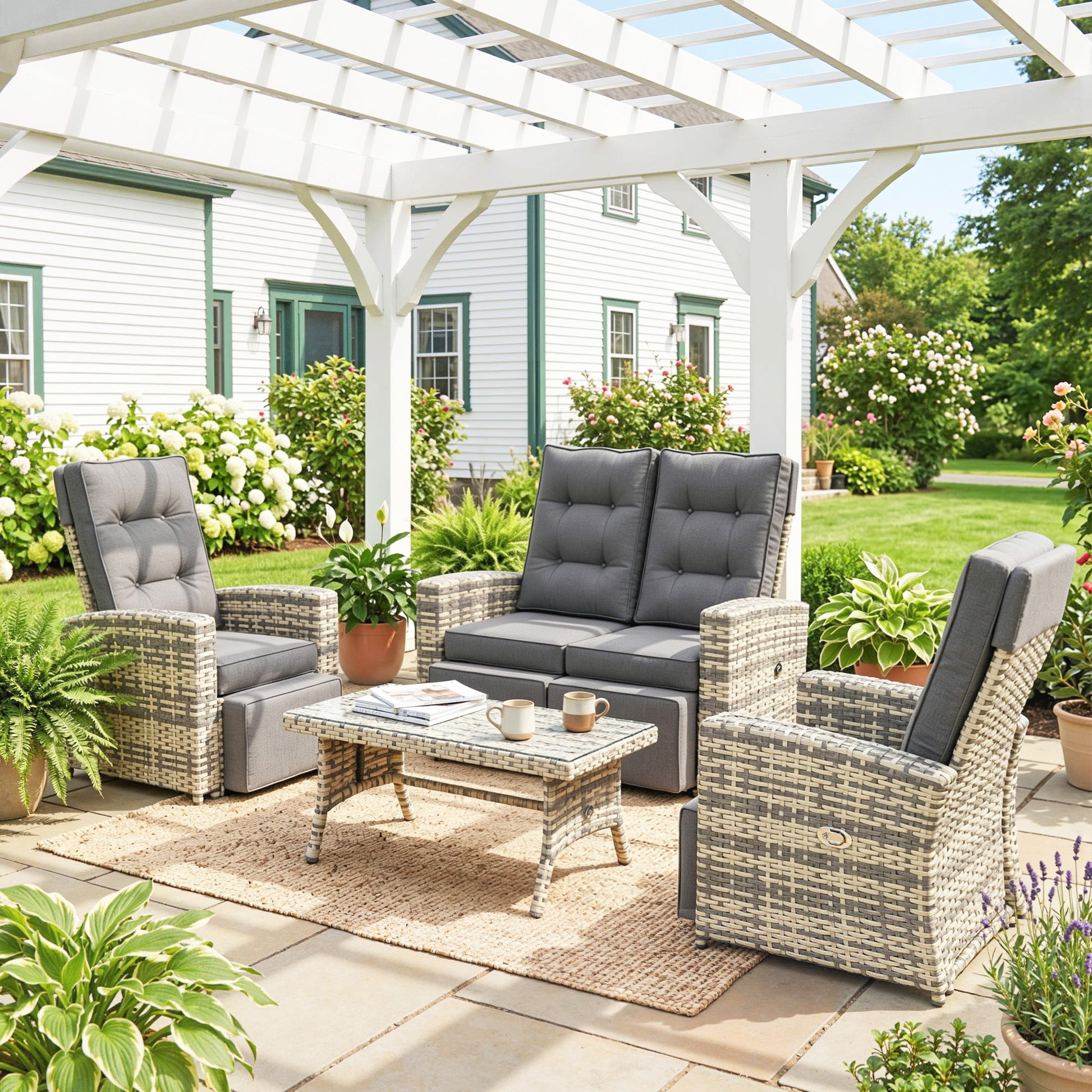 Outsunny 4 Piece Rattan Garden Furniture Set Outdoor Sofa Sectional Set with Glass Top Table for Poolside, Light Grey