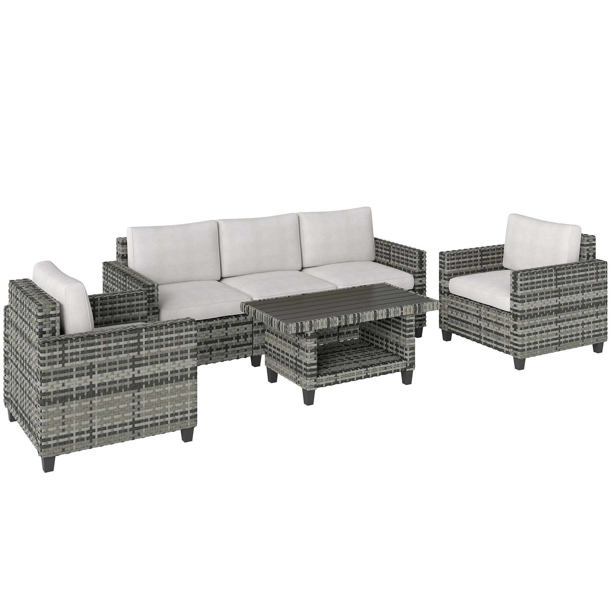 Outsunny Six-Piece Modular Rattan Sofa Set 5-Seater Garden Furniture Set with Two-tier Table - Light Grey
