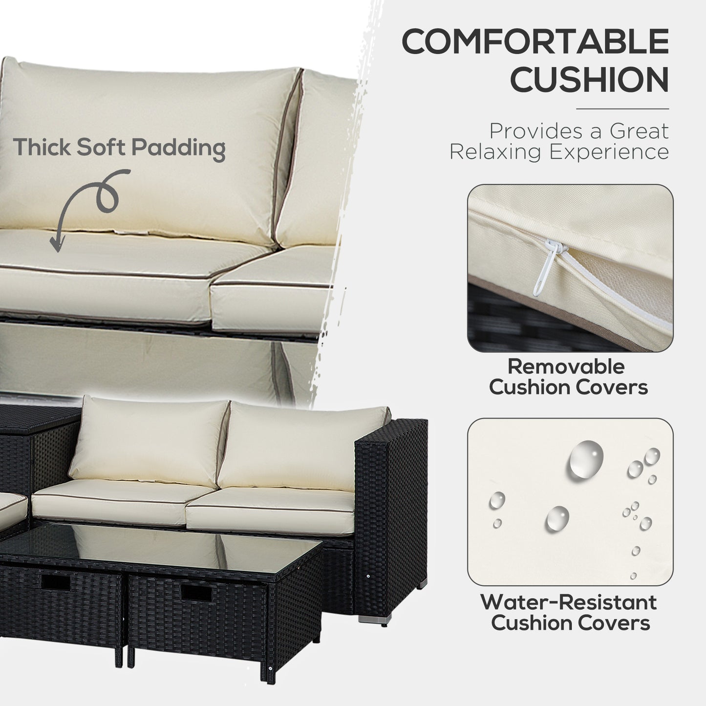 Outsunny 4 Seater Rattan Garden Furniture Set with Storage Box, 2 Drawers Coffee Table, Black
