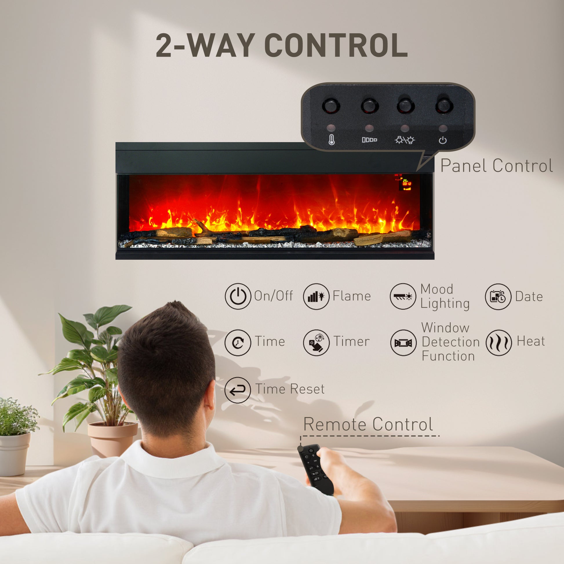 HOMCOM 1800W 15-40°C Adjustable Flame Glass Panel Convector Heater, 152cm