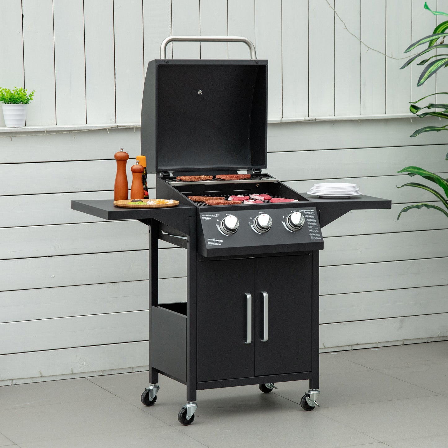 3 Burner Gas BBQ Outdoor Portable Barbecue Trolley w/ Warming Rack, Side Shelves, Storage Cabinet