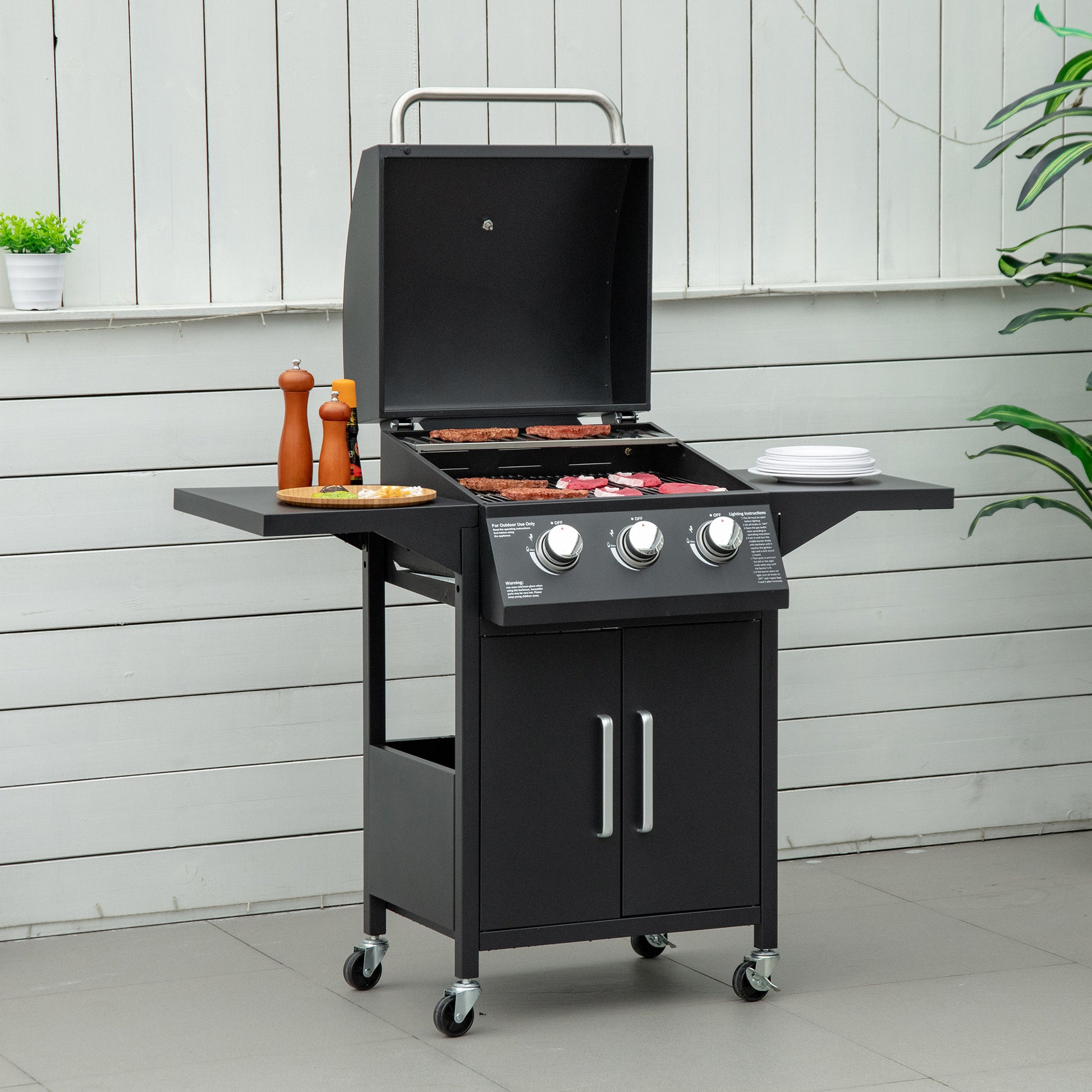 3 Burner Gas BBQ Outdoor Portable Barbecue Trolley w/ Warming Rack, Side Shelves, Storage Cabinet