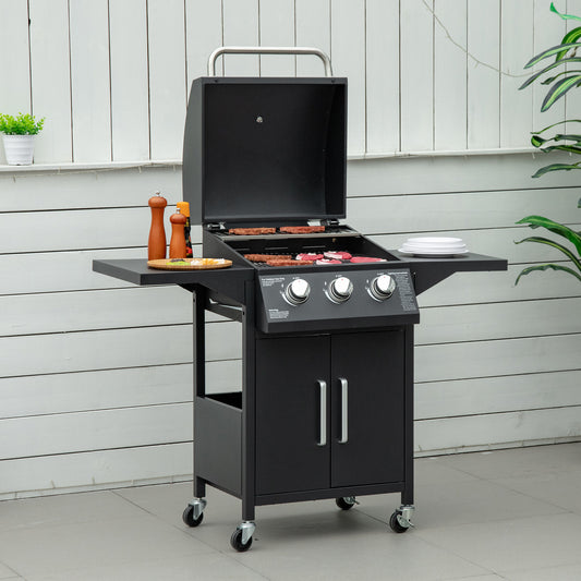 3 Burner Gas BBQ Outdoor Portable Barbecue Trolley w/ Warming Rack, Side Shelves, Storage Cabinet