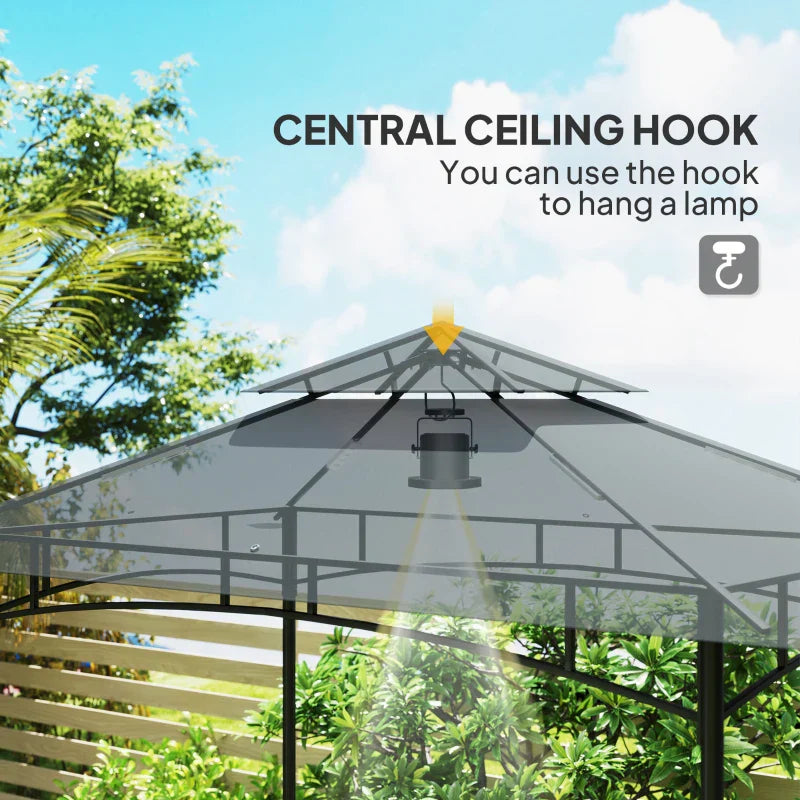 8ft x 5ft Dark Grey BBQ Gazebo Shelter with Double Vent Roof, LED Lighting, Side Shelves & Outdoor Grill Canopy