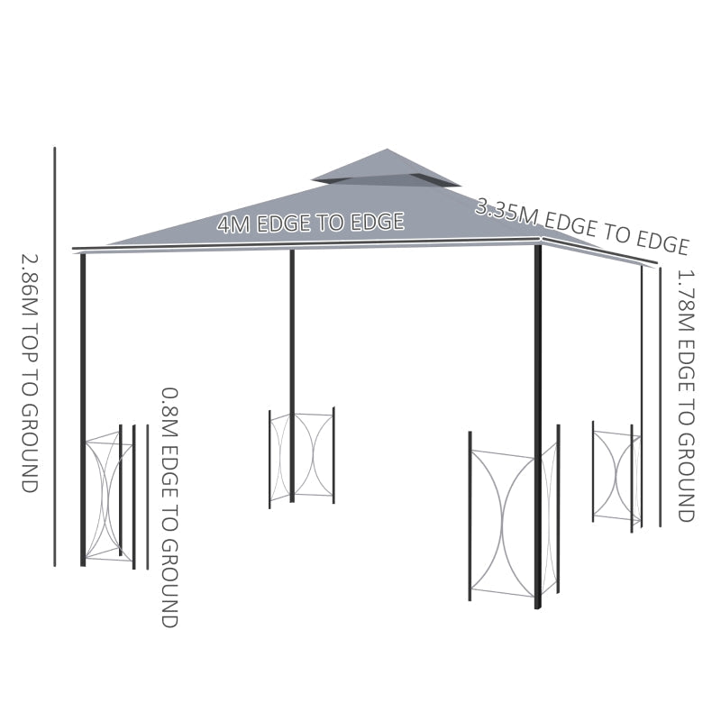 4m x 3.35m Grey Garden Gazebo with Ventilated Double-Tier Canopy & Privacy Side Panels