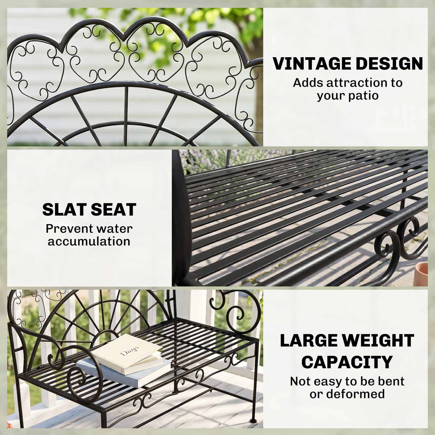 Outsunny Metal Garden Bench Loveseat with Slatted Seat, Black